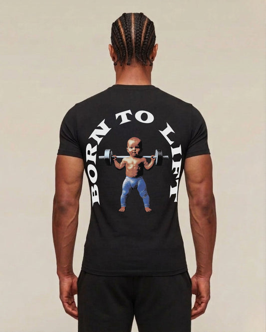 Black Born To Lift muscle fit gym shirt, back view on a model: 'Born To Lift' text and a muscular baby squatting a barbell