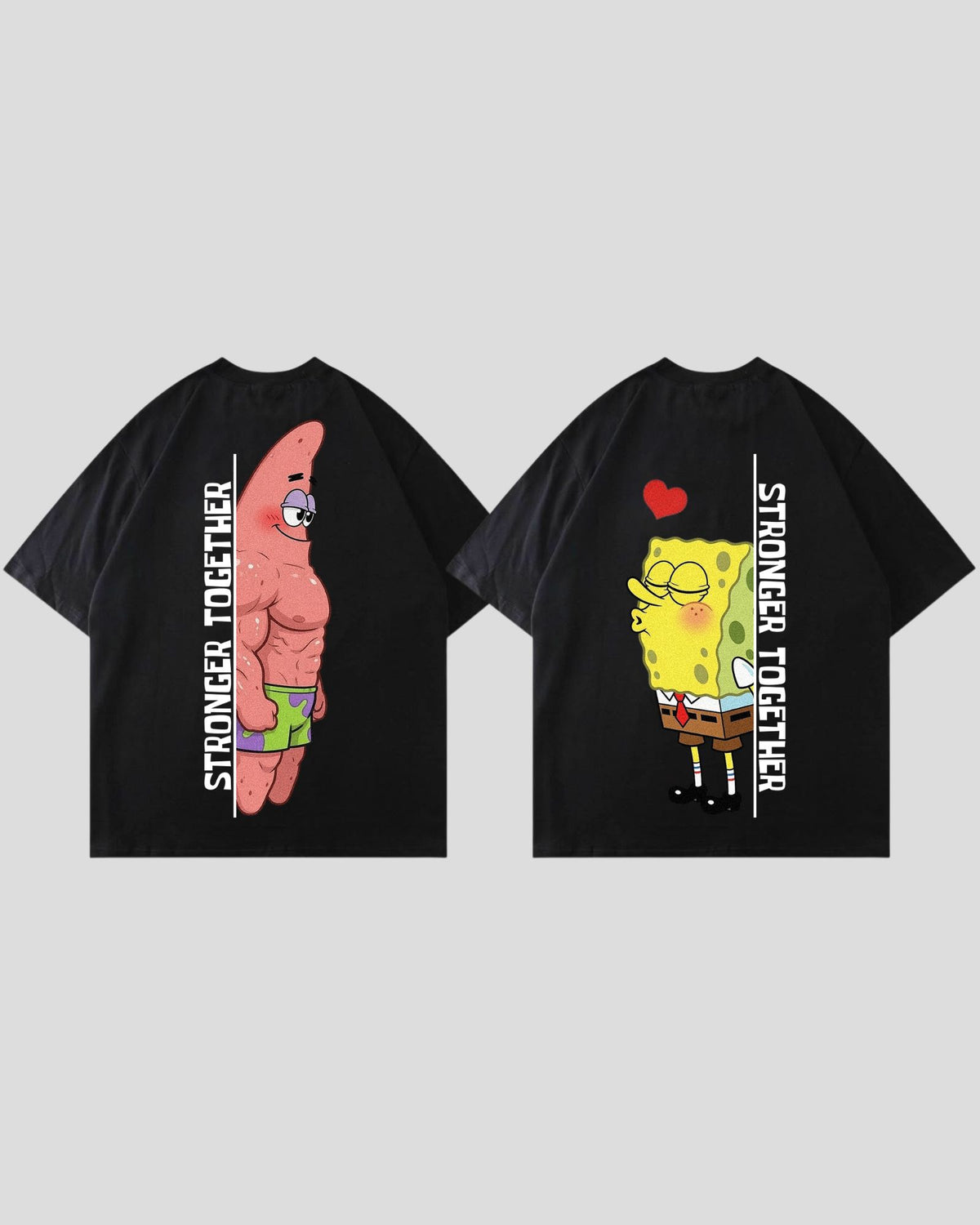 Black Strong Duo Bundle matching set of two oversized gym shirts: a pink and a yellow cartoon character with a heart and 'Stronger Together' lettering