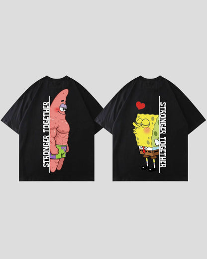 Black Strong Duo Bundle matching set of two oversized gym shirts: a pink and a yellow cartoon character with a heart and 'Stronger Together' lettering