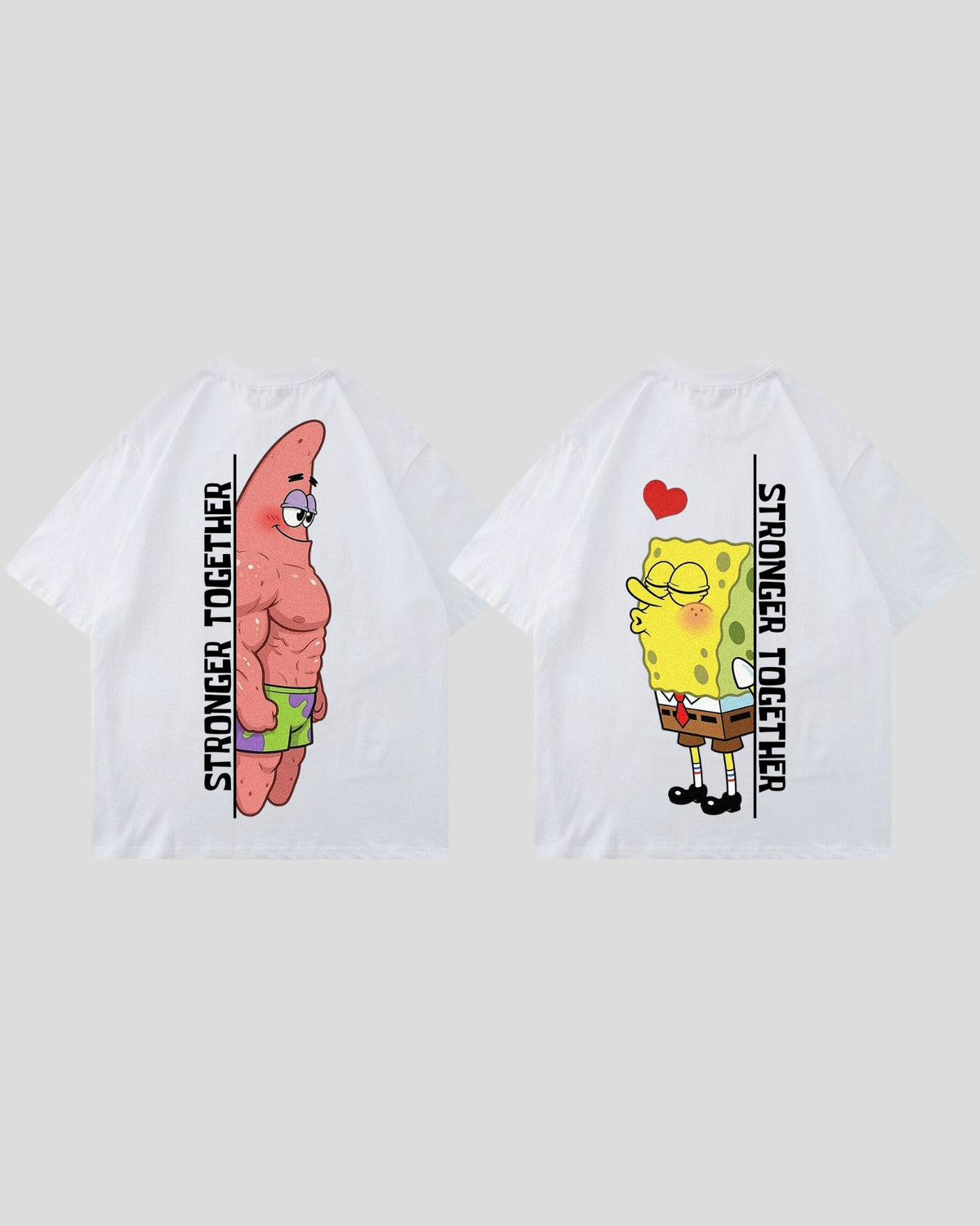 White Strong Duo Bundle matching set of two oversized gym shirts: a pink and a yellow cartoon character with a heart and 'Stronger Together' lettering