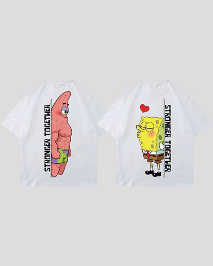 White Strong Duo Bundle matching set of two oversized gym shirts: a pink and a yellow cartoon character with a heart and 'Stronger Together' lettering